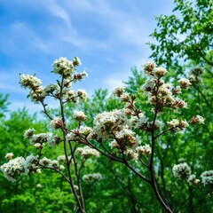Blackthorn blossom trees against a backdrop of green-blue sky in the forest, blue-green, nature