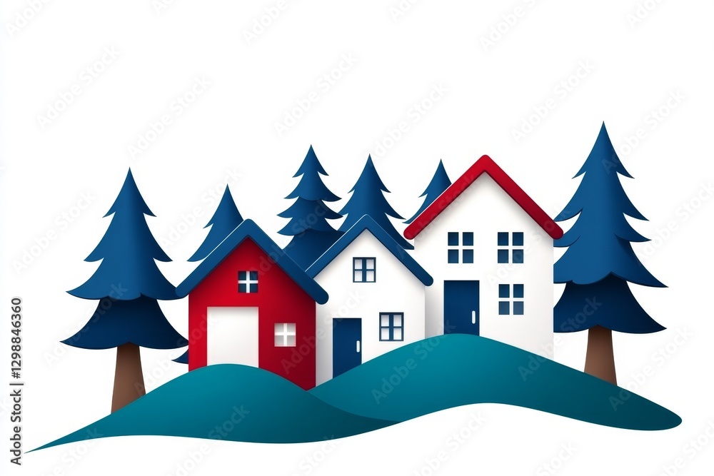 Poster a modern flat design of a small village with tiny houses and trees