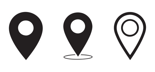 Three Black Location Pin Icons, Solid, Outline, and Circle Detail, on White Background