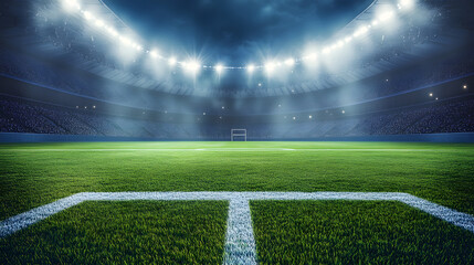 Obraz premium An illustration of an empty football stadium with bright lights shining down onto the green grass 