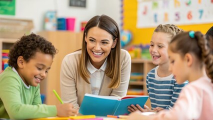 Obraz premium A joyful teacher engages with young students in a colorful classroom, fostering a positive learning environment and encouraging creativity.