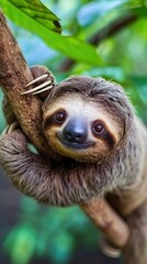 Fototapeta premium Sloth hanging on tree branch wildlife animal mammal.