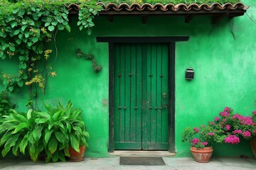 A captivating green door framed by lush plants and flowers, illustrating beauty and serenity in nature.