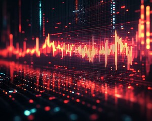 Abstract data visualization depicts electronic information displayed in glowing red