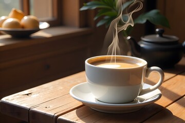 Obraz premium Steaming Cup of Coffee on Rustic Wooden Table