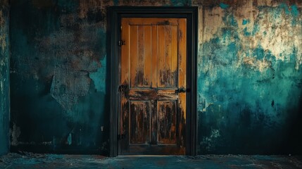 Weathered Wooden Door in a Decaying Room