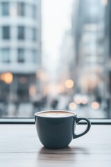 Fototapeta premium close-up of coffee cup placed on wooden café table next to city window