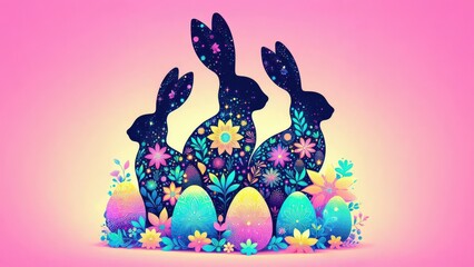 cute rabbit with colorful flowers pattern and easter eggs 