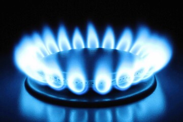Blue natural gas flame burning on a stove burner in dark background