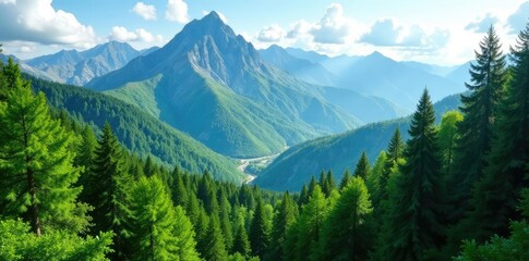 Fototapeta premium Lush green forest with towering mountain peaks, hillside, mountains, nature