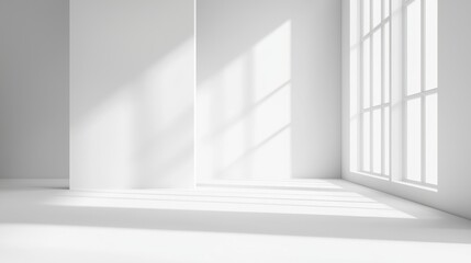 Fototapeta premium Bright white interior with sunlight streaming through large windows in a minimalist space designed for creativity and inspiration