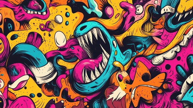 Vibrant monster doodle chaotic pattern