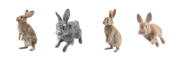 Cute bunnies hopping in different positions displaying their fluffy tails and long ears