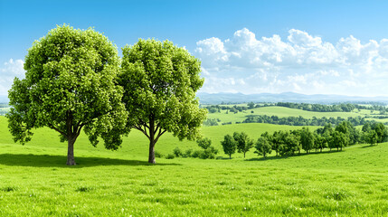 Fototapeta premium Lush green field, two trees, rolling hills, sunny sky; nature scene