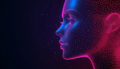A three dimensional digital female face rendered in vibrant colors