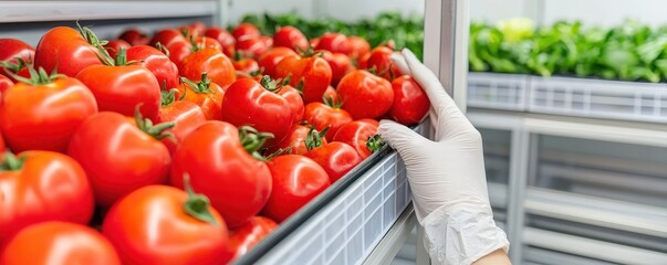 Optimizing Storage for Food Safety and Quality Assurance concept. Fresh Red Tomatoes in Cold Storage with a Hand in a Glove Reaching for the Produce