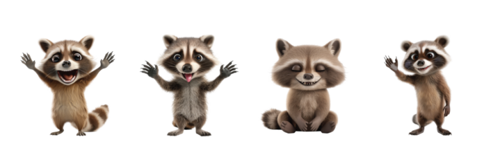 Cute cartoon raccoons with diverse expressions and poses for animation or fun creative projects