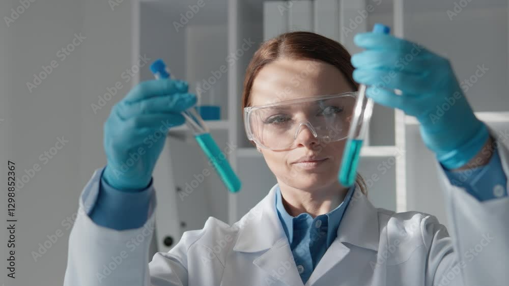 Poster in a modern laboratory environment, a dedicated scientist is meticulously analyzing various test tub