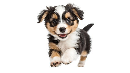 a cute and playful puppy running towards the camera, with a happy expression on its face and the tail is curled up. The puppy has a tri-color coat