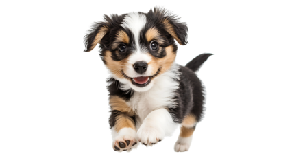 a cute and playful puppy running towards the camera, with a happy expression on its face and the tail is curled up. The puppy has a tri-color coat