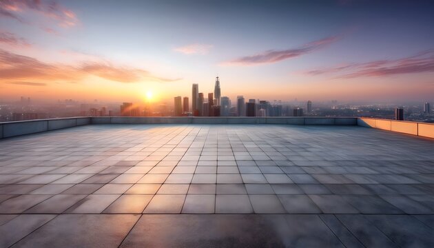 Sleek, polished concrete platform with subtle texture for product placement and advertisement on a rooftop overlooking a modern city skyline at sunset