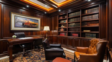 A luxurious hotel suite featuring a private library, rich wood paneling, and leather-bound books, creating a sophisticated retreat.