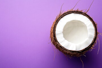 A halved coconut showcases its white flesh and brown husk