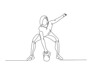 Young woman lifting kettlebell simple line art illustration. Continuous one line draw of woman workout using kettlebell.