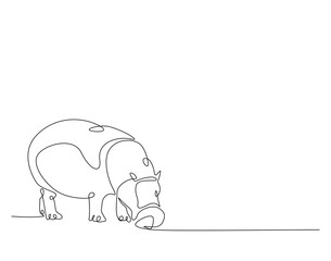 Big cute hippo simple line art illustration. Continuous one line draw of hippopotamus design.