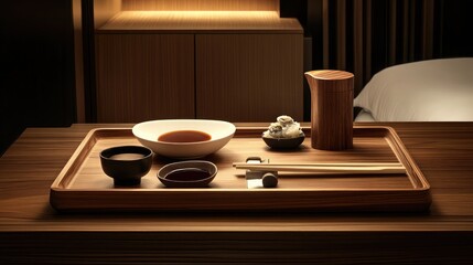 A modern hotel room featuring a sushi platter with soy sauce and chopsticks, elegantly presented on a wooden tray atop a minimalist desk.