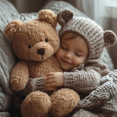 A sleeping baby peacefully hugging a large brown teddy bear
