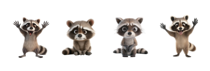 Adorable cartoon raccoons with big eyes and expressive faces in different poses