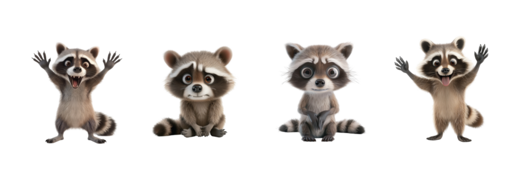 Adorable cartoon raccoons with big eyes and expressive faces in different poses