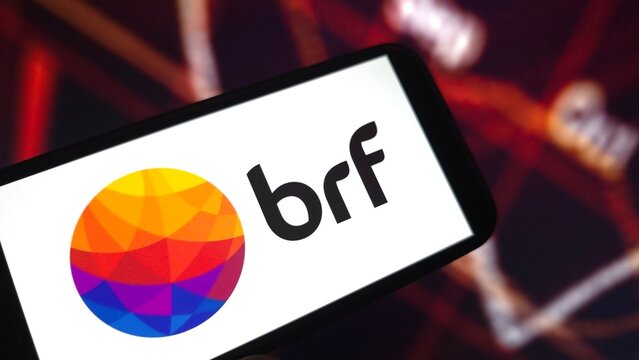 Konskie, Poland - February 25, 2025: BRF S.A. company logo displayed on mobile phone