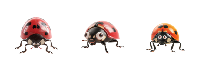 Charming cartoon-style ladybugs with expressive faces and colorful red shells