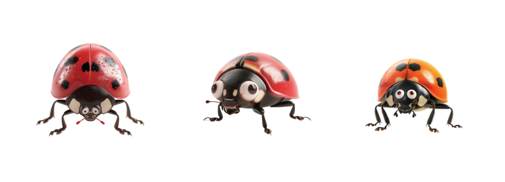 Charming cartoon-style ladybugs with expressive faces and colorful red shells
