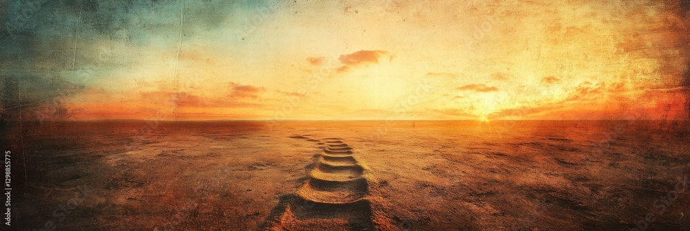 Poster sunset over a tranquil landscape with stepping stones leading into the horizon. generative ai