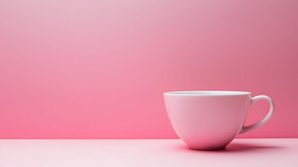A pink coffee cup placed on soft pink with a deep pink background, creating a gradient of pink hues. Pink backgrounds with copy space.