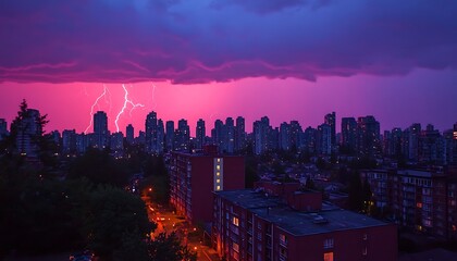 Fototapeta premium Lightning strikes above the city illuminating the buildings at night