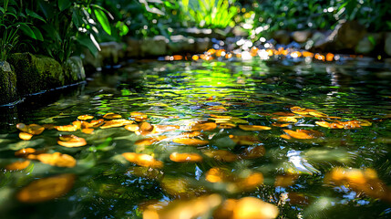 Fototapeta premium Golden Leaves Floating in a Tranquil Pond