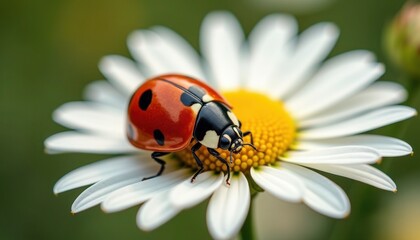 Fototapeta premium red ladybug on chamomile flower, ladybird creeps on stem of plant in spring in garden in summer