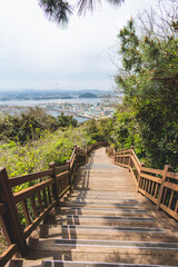 Obraz premium Jeju-do, Seongsan Ilchulbong landscape, volcanic tuff cone, Sunrise peak, Jeju Island, South Korea, Seongsan-ri, Seogwipo, Jeju Province landscape view in a sunny day, with sea, cliffs hiking trail