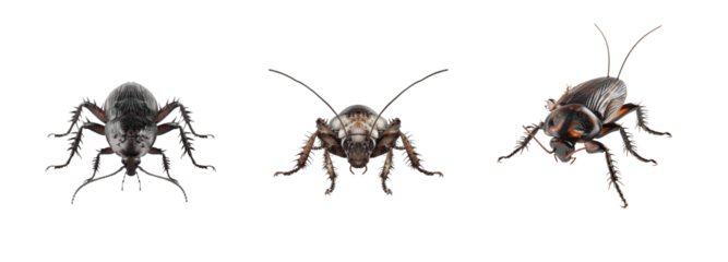 Three insects displayed in front view with closeup details of body and legs visible