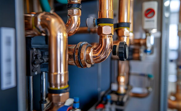 Installation of boiler and water heater piping. Plumbing works. Installation of gas equipment in the boiler room. Copper pipe layout. Heating system in boiler room