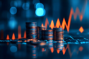 Stack of coins with growth chart on the background. Financial success and promising startups. Inspiration for development and innovation. Background with copy space.