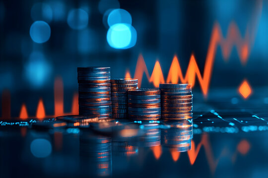 Stack of coins with growth chart on the background. Financial success and promising startups. Inspiration for development and innovation. Background with copy space.