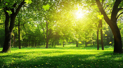 Obraz premium Sunlit Green Forest with Falling Leaves