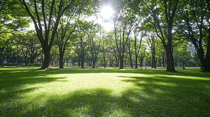 Obraz premium Lush Green Park with Sunlight Filtering Through Trees