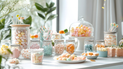 Naklejka premium Elegant display of pastel confectionery in glass jars for celebration theme