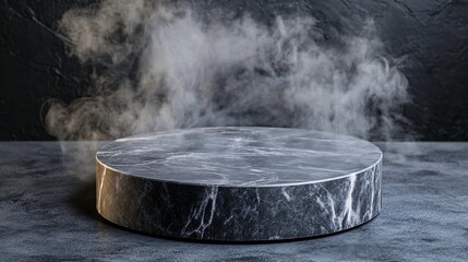 sleek black marble display stand with steam effect for food photography